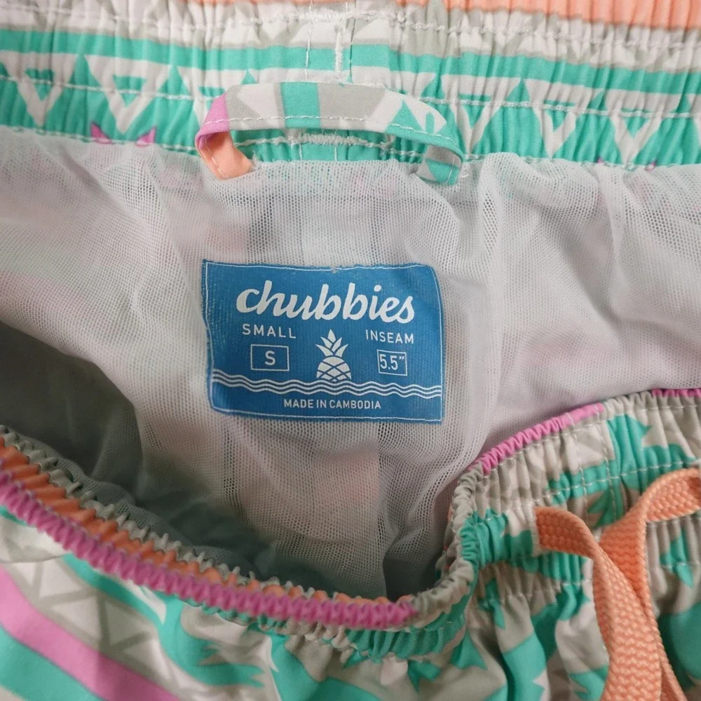 Chubbies The En Fuegos Swim Trunks Mens Small Green Orange Aztec Print Mesh Pool